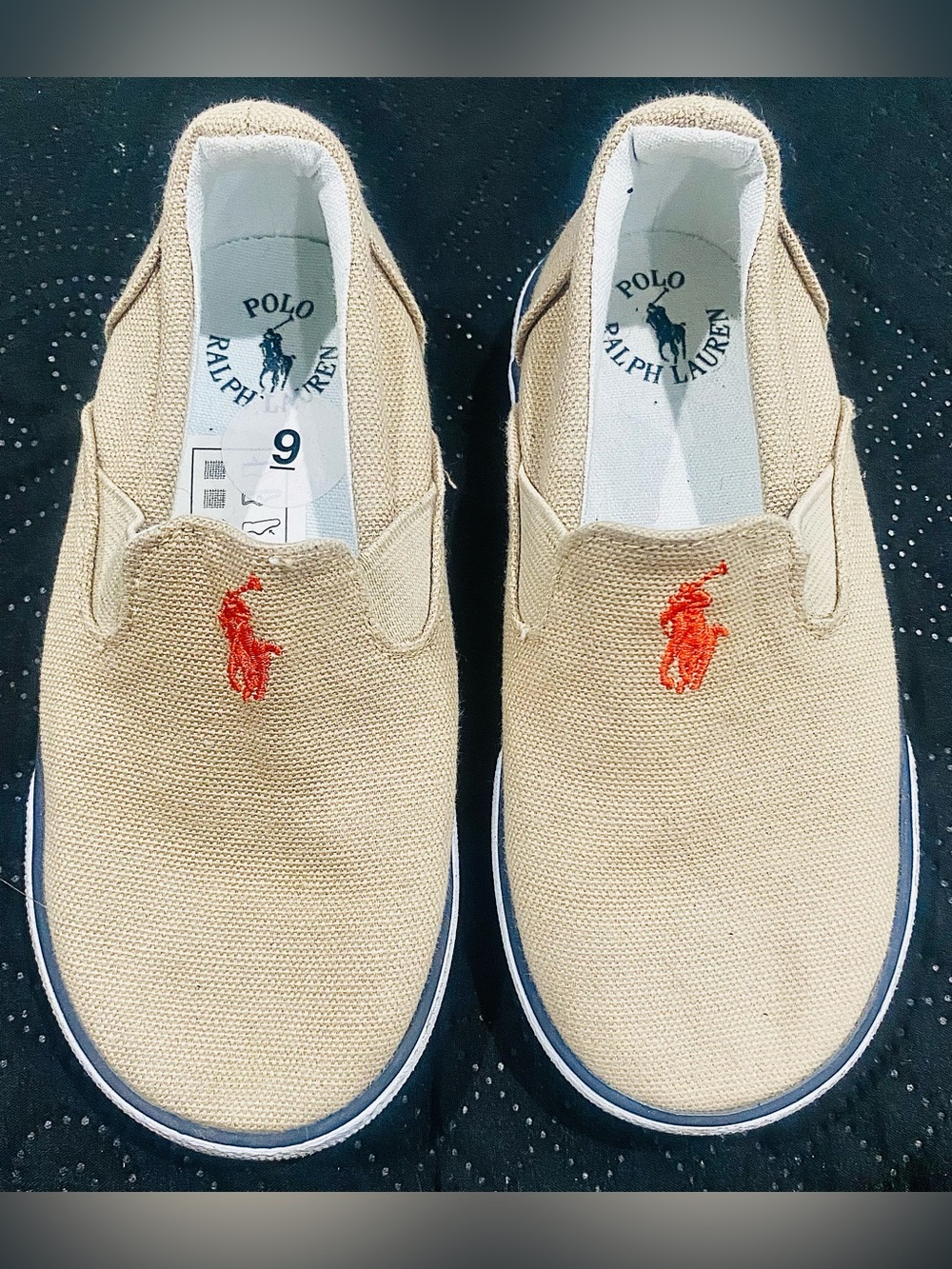 Polo by Ralph Lauren Beige Canvas Slip-On Loafers with embroidered pony Sz 9